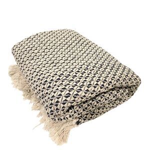 Boho Patterned Throw Blanket with Fringe in Blue and White